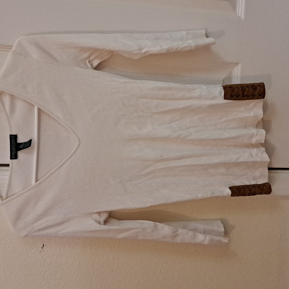 Lauren Ralph Lauren White Ribbed Suede Accent V-Neck Shirt Womens Size Small